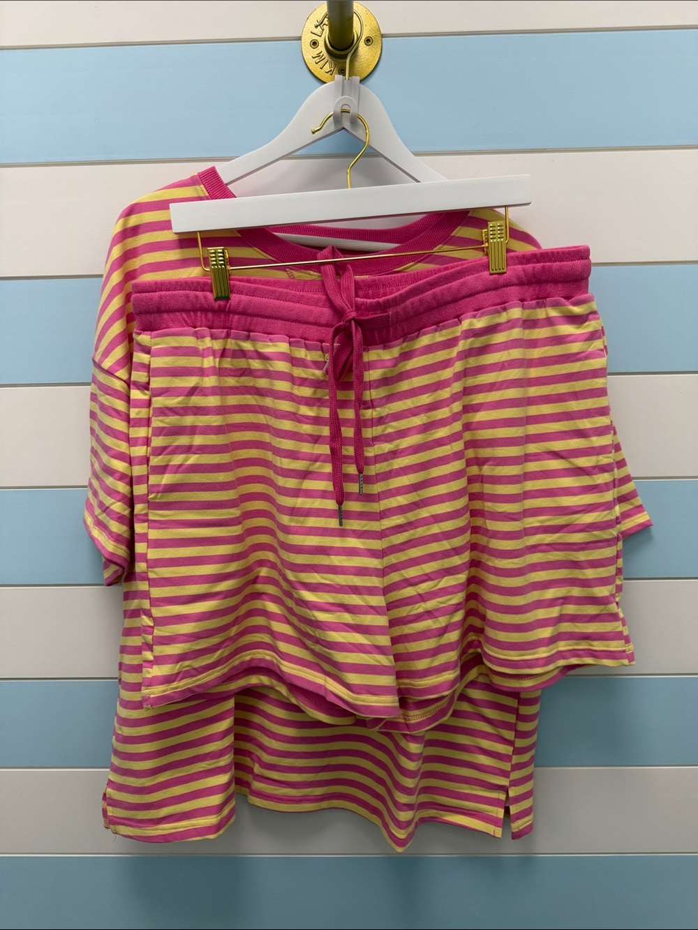 Plus Size Women's Pink & Yellow Striped Drawstring Short Set